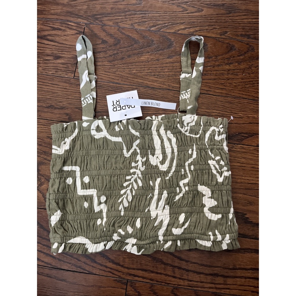 Paper Heart Crop Top Womens Small Green Linen Blend Smocked Cottage Core NEW